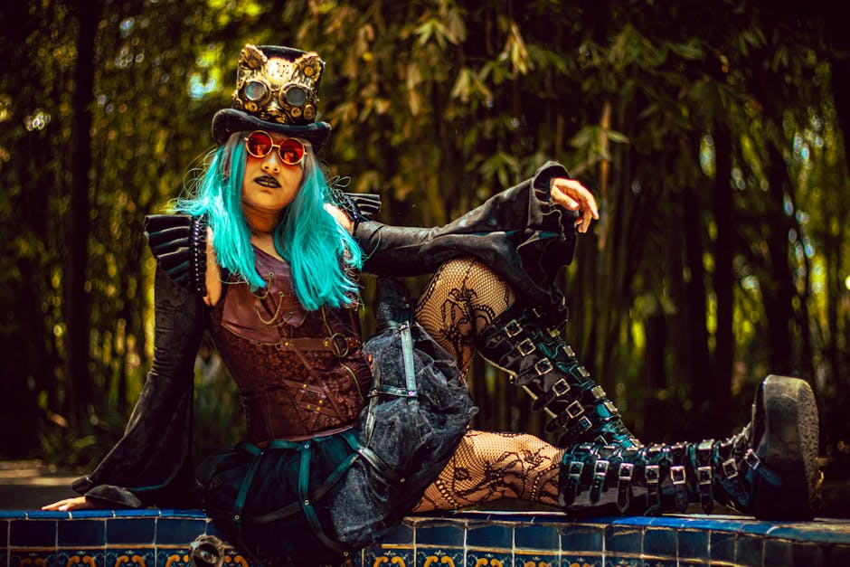 Colorful steampunk fashion in a lush forest setting in Mexico City.